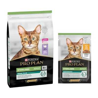 Pack bi-nutrition : PURINA PRO PLAN 10 kg de croquettes + 12 sachets de 85 g - 10 kg Sterilised riches en dinde + 12 x 85 g Sterilised poulet