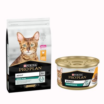 Purina Pro Plan Sterilised pour chat, sachet Renal Plus et boîte Maintenance. Texte visible : Bi-nutrition, isfm, No1 Turkey Dinde Hindi Eti, Designed to be recyclable.