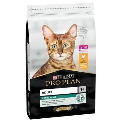 Purina Pro Plan Adult Renal Plus kattenvoer, 1+, kip. ISFM-logo zichtbaar. Tekst: geen toegevoegde kleurstoffen of smaakstoffen.
