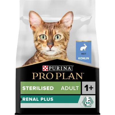 Purina Pro Plan kattenvoer, Sterilised Adult 1+, Renal Plus, met konijn. Verpakking toont afbeelding van een kat en tekst over samenstelling en leeftijdscategorie. Purina Pro Plan kattenvoer, Sterilised Adult 1+, Renal Plus, met konijn. Verpakking toont afbeelding van een kat en tekst over samenstelling en leeftijdscategorie.