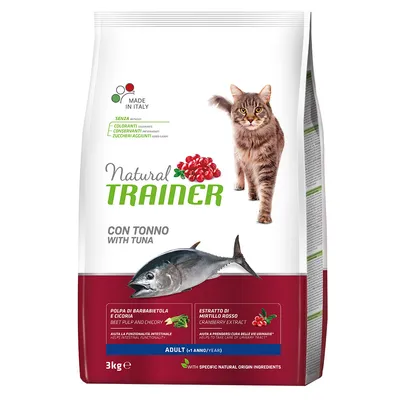 Zak Natural Trainer kattenvoer met tonijn, afbeelding van kat en tonijn, tekst: Made in Italy, zonder kleurstoffen, conserveermiddelen, toegevoegde suikers, 3 kg, adult, cranberry-extract.