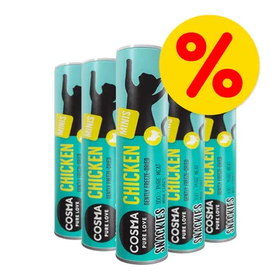 Multipack of Cosma Snackies Minis Chicken, gently freeze-dried 100% pure meat mini cubes, with a percentage discount symbol shown. Multipack of Cosma Snackies Minis Chicken, gently freeze-dried 100% pure meat mini cubes, with a percentage discount symbol shown.