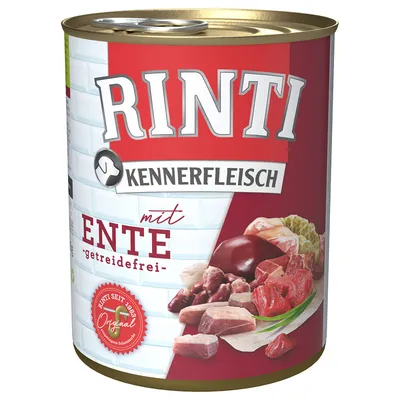 Konzerva Rinti Kennerfleisch mit Ente, getreidefrei. Na etikete sú kúsky mäsa a pečate s textom Rinti seit 1983 Original. Text v nemeckom jazyku.