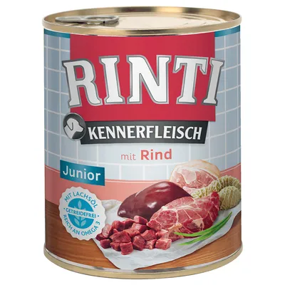 RINTI Kennerfleisch mit Rind Junior, med illustration af oksekød, lever og indmad. Tekst: Mit Lachsöl, Getreidefrei, Reich an Omega 3.