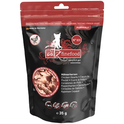 Catz Finefood Purrrrly Nr. 103, καρδιές κοτόπουλου, μονοπρωτεϊνικό, υψηλής ποιότητας, χωρίς δημητριακά, χωρίς δοκιμές σε ζώα, Made in Germany, επανασφραγιζόμενο, λυοφιλοποιημένο, 35g.