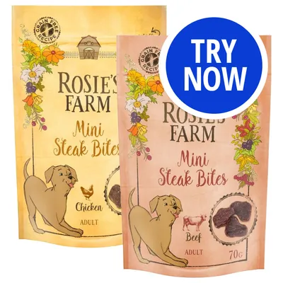 Rosie’s Farm Mini Steak Bites, grain free recipe, available in chicken and beef for adults. Blue circle with white text reads 'Try Now'.