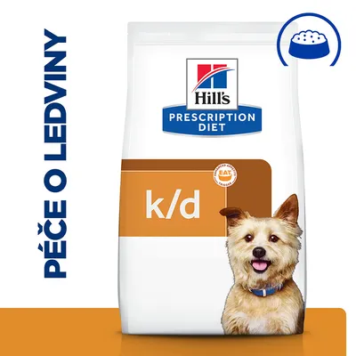 Hill's Prescription Diet k/d, balenie s nápisom „PEČE O LEDVINY“ a ikonou misky. Viditeľný text v češtine.