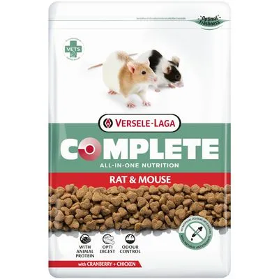 Versele-Laga Complete all-in-one nutrition Rat & Mouse, met afbeelding van rat en muis, tekst: with animal protein, opti digest, odour control, met cranberry + chicken.