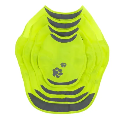Gelbe reflektierende Hundeweste mit grauen Streifen und Pfotenmotiv, in verschiedenen Grössen sichtbar.