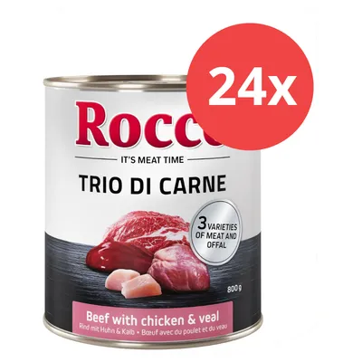 Rocco Trio di Carne, Rind mit Huhn & Kalb, 800g Dose, 24x Packung. Drei Fleischsorten und Innereien. Rocco Trio di Carne, Rind mit Huhn & Kalb, 800g Dose, 24x Packung. Drei Fleischsorten und Innereien.