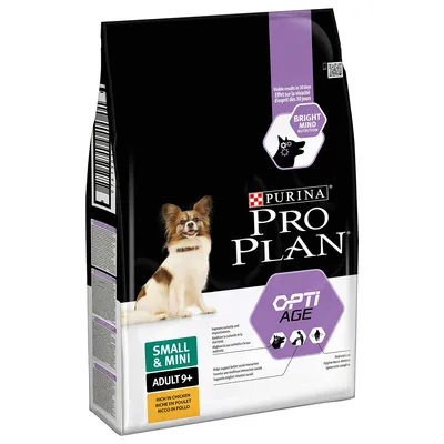 Confezione di crocchette Purina Pro Plan Opti Age per cani adulti small & mini 9+, ricco in pollo. Testo visibile: Bright Mind Nutrition, Small & Mini, Adult 9+, Ricco in pollo.