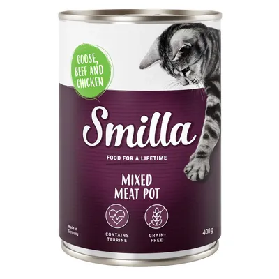 Smilla Mixed Meat Pot, 400g. Arome: gâscă, vită și pui. Conține taurină, fără cereale. Fabricat în Germania. Smilla Mixed Meat Pot, 400g. Arome: gâscă, vită și pui. Conține taurină, fără cereale. Fabricat în Germania.