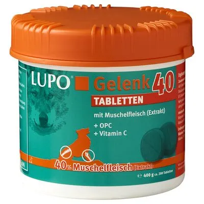 LUPO Gelenk 40 tabletten, met 40% mosselvlees (extract), OPC en vitamine C. Verpakking van 400 g, ca. 200 tabletten zichtbaar op het etiket. LUPO Gelenk 40 tabletten, met 40% mosselvlees (extract), OPC en vitamine C. Verpakking van 400 g, ca. 200 tabletten zichtbaar op het etiket.