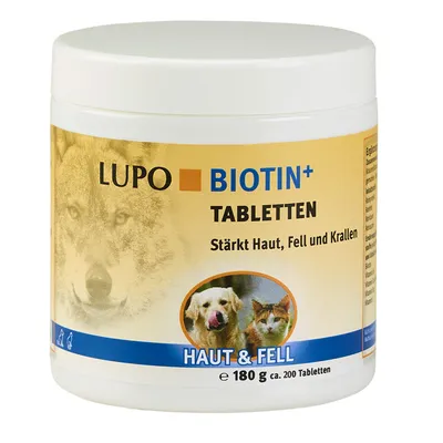 Συσκευασία LUPO BIOTIN+ TABLETTEN, 180 γρ. περίπου 200 δισκία. Ορατές εικόνες σκύλου και γάτας. Κείμενο στα γερμανικά: Stärkt Haut, Fell und Krallen, HAUT & FELL. Συσκευασία LUPO BIOTIN+ TABLETTEN, 180 γρ. περίπου 200 δισκία. Ορατές εικόνες σκύλου και γάτας. Κείμενο στα γερμανικά: Stärkt Haut, Fell und Krallen, HAUT & FELL.