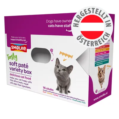 Smølke Tasty soft paté variety box, Katzenfutter, 16 Stück, Sorten: Rind, Huhn, Truthahn, Ente mit Wild, Süßwasserfisch. Hergestellt in Österreich.