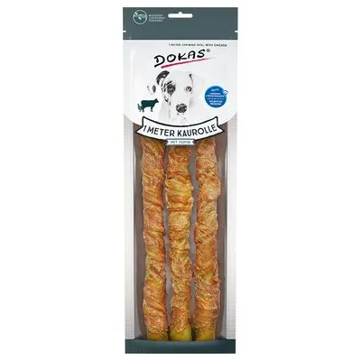 DOKAS 1 Meter Kaurolle met kip, verpakking met drie kauwrollen zichtbaar in transparante zak, tekst: '1 Meter Kaurolle mit Huhn'.