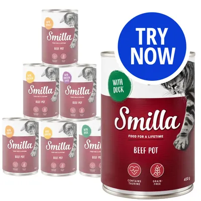 Smilla Beef Pot cans with visible flavours: chicken, chicken liver, turkey, duck. Labels show contains taurine and grain-free. Blue circle reads 'Try Now'.