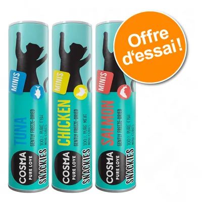 Cosma Snackies Minis pour chats, trois tubes : TUNA, CHICKEN, SALMON. Offre d’essai indiquée sur un badge orange. Textes visibles en anglais sur les emballages.