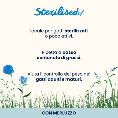 Almo Nature Sterilised Multipack, 6x70g cibo umido per gatti adulti sterilizzati. Gusti: merluzzo e pollo. Marchio sostiene biodiversità e protezione del clima.