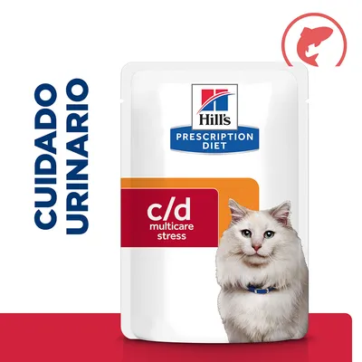 Hill's Prescription Diet c/d multicare stress, cuidado urinario. Imagen de envase con texto y silueta de gato. Icono de pescado en la esquina superior derecha.