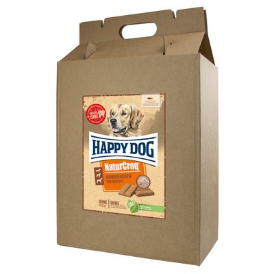 Boîte de biscuits pour chien Happy Dog NaturCroq, texte visible : HUNDEKUCHEN DOG BISCUITS, Dental Care, Natural Life Concept, sans colorants ni conservateurs artificiels.