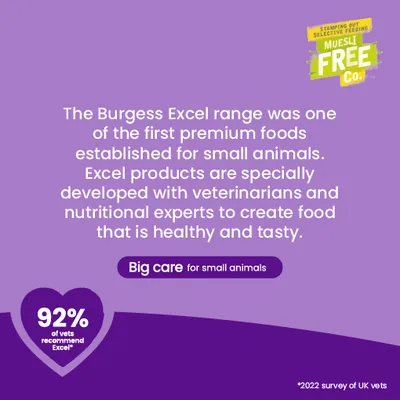 Burgess Excel: Premium food for small animals, developed with veterinarians and nutrition experts. 92% of British vets recommend Excel. Muesli Free Co. Burgess Excel: Premium food for small animals, developed with veterinarians and nutrition experts. 92% of British vets recommend Excel. Muesli Free Co.
