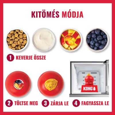 Négy lépésből álló útmutató: Hozzávalók összekeverése, játék megtöltése, nyílás lezárása, megtöltött játék lefagyasztása. Szöveg magyarul.