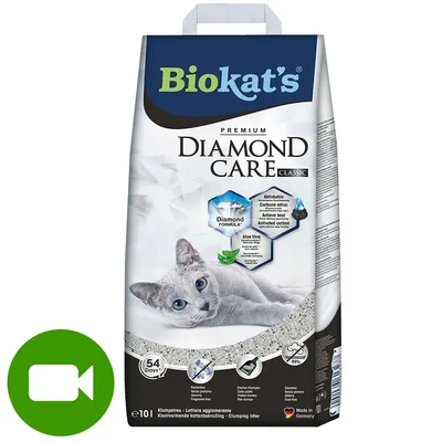 Opakowanie żwirku dla kota Biokat's Diamond Care Classic, widoczne napisy: Active keol, Activated carbon, Aloe Vera, 54 Days, Made in Germany, pojemność 10 l.