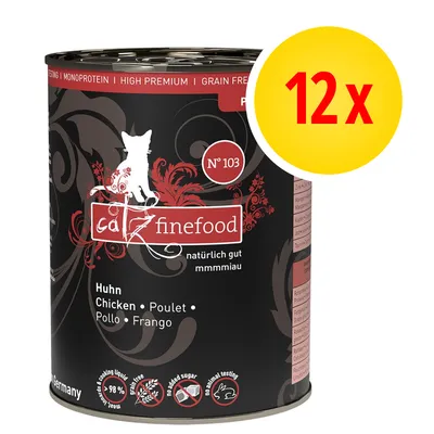 catz finefood N°103 Huhn. Zestaw 12 puszek karmy dla kotów, monoproteinowa, bez zbóż, bez dodatku cukru, nie testowana na zwierzętach. Widoczny napis: 12x.