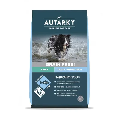 Grain free adult food with tasty white fish, 34% fish ingredient, postbiotic support, hypoallergenic, no artificial flavours, colours or preservatives, VAT free.