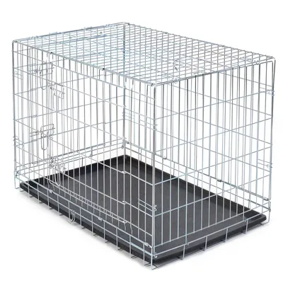Metal cage with grid walls and removable black plastic tray, suitable for pets. Two doors with visible locking mechanisms.