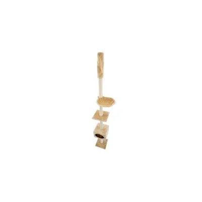 Klatremiljø til katte med flere platforme, en hule og stolper i beige stof og sisal. Høj model med firkantede baser og rund liggeplads øverst.