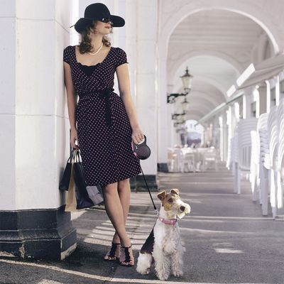 Donna con abito a pois e cappello tiene al guinzaglio un cane di taglia media con collare rosa e guinzaglio avvolgibile, borse per acquisti in mano, ambiente urbano elegante.