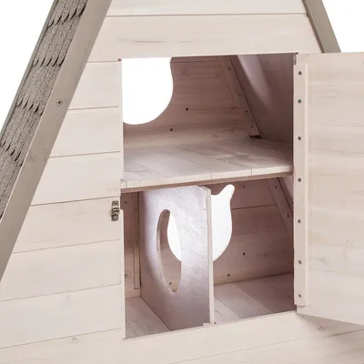 Wooden cat house with two levels, cat head cut-out and lockable door. Interior made of light wood for pets.