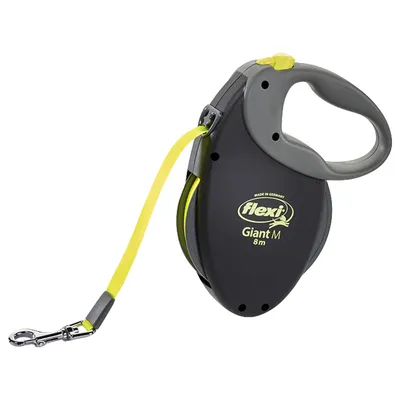 Guinzaglio avvolgibile Flexi Giant M 8 m, con impugnatura grigia, pulsante giallo e fettuccia gialla, scritta visibile: flexi Giant M 8m. Guinzaglio avvolgibile Flexi Giant M 8 m, con impugnatura grigia, pulsante giallo e fettuccia gialla, scritta visibile: flexi Giant M 8m.