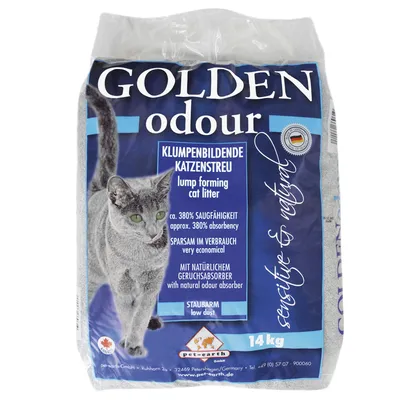 Golden odour klumpbildande kattsand, ca 380 % uppsugningsförmåga, naturlig luktabsorbent, låg damm, 14 kg. Text på tyska och engelska synlig på förpackningen.