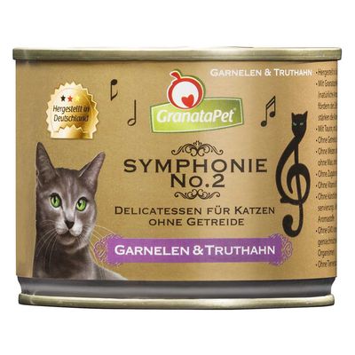Scatoletta GranataPet Symphonie No.2 per gatti, senza cereali, gusto gamberetti e tacchino. Testo visibile: 'Delicatessen für Katzen ohne Getreide', 'Hergestellt in Deutschland'.