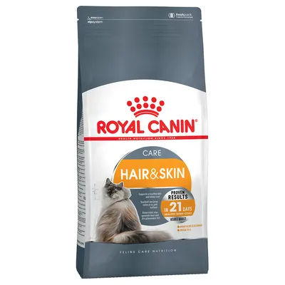 Royal Canin Hair & Skin Care kissanruoka, tukee tervettä ihoa ja kiiltävää turkkia, näkyviä tuloksia 21 päivässä, sisältää aminohappoja ja omega-3- ja -6-rasvahappoja.