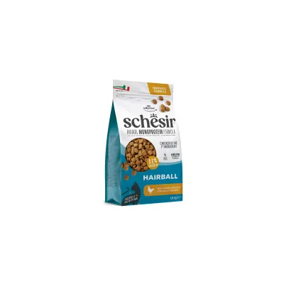 Schesir Hairball Tørfoder, Monoprotein-formel, 31% protein, naturlige ingredienser, 1,5 kg taske, med kylling, understøtter reduktion af hårboller.