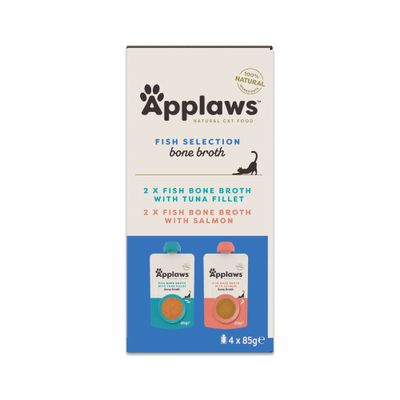 Applaws Natural Cat Food Fish Selection bone broth: 2 x Fiskeben-bouillon med tunfilet, 2 x Fiskeben-bouillon med laks, 4 x 85 g, 100% naturlig