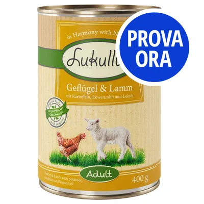 Lukullus Geflügel & Lamm mit Kartoffeln, Löwenzahn und Leinöl Adult 400 g. Etichetta con gallina e agnello. Bollino blu con testo: PROVA ORA.