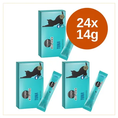 Cosma Jelly Snack Tuna macska jutalomfalat, 24x14g kiszerelés, kék dobozok és tasakok láthatók a képen.