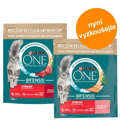 Dvě balení Purina ONE Bifensis Sterilcat 750g, nápis 'neu zum Recyceln entworfen', oranžový kruh s textem 'nyní vyzkoušejte'.