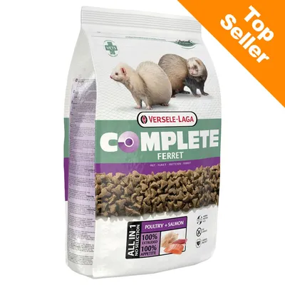 Confezione di Versele-Laga Complete Ferret, crocchette per furetti. Testo visibile: Poultry + Salmon, 100% extruded, 100% appetite, All in 1 no selection. Top Seller.
