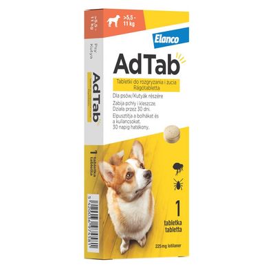 AdTab™ tabletki do rozgryzania i żucia przeciw pchłom i kleszczom dla psów 1szt., 225 mg, dla psów o wadze 5,5 - 11 kg