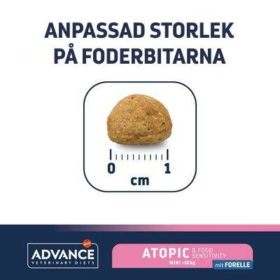 Anpassad storlek på foderbitarna, bild av en foderbit med måttskala 0–1 cm. Advance Veterinary Diets Atopic & Food Sensitivity Mini <10 kg mit Forelle.