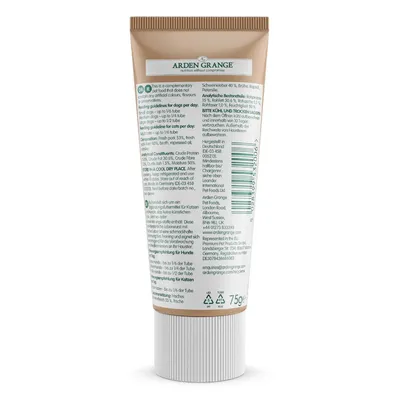 Back of Arden Grange tube showing feeding guidelines, composition, analytical constituents, storage advice, and contact details. Tube size is 75g.