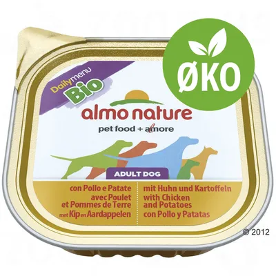 almo nature Daily menu Bio ADULT DOG, pet food + amore, med kylling og kartofler. Stor grøn cirkel med teksten ØKO.