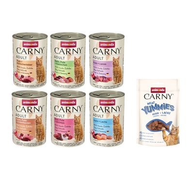 Animonda Carny Adult Huhn + Lachs, 100% frische Zutaten, ohne Getreide, Made in Germany, mit Taurin. Abbildung einer Katze und Fleischstücke.