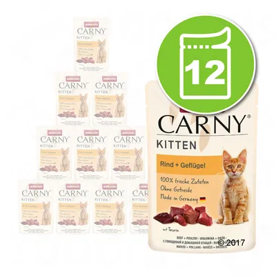 Animonda Carny Kitten Rind + Geflügel, lot de 12 sachets. Texte visible : 100 % frische Zutaten, Ohne Getreide, Made in Germany, avec image d’un chaton et morceaux de viande. Animonda Carny Kitten Rind + Geflügel, lot de 12 sachets. Texte visible : 100 % frische Zutaten, Ohne Getreide, Made in Germany, avec image d’un chaton et morceaux de viande.